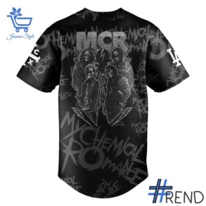 Detailed fabric and stitching showing 3 Los Angeles Dodgers 2025 My Chemical Romance Concert Jersey