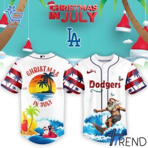 Detailed fabric and stitching showing 1 Los Angeles Dodgers Christmas July Santa 2025 Jersey