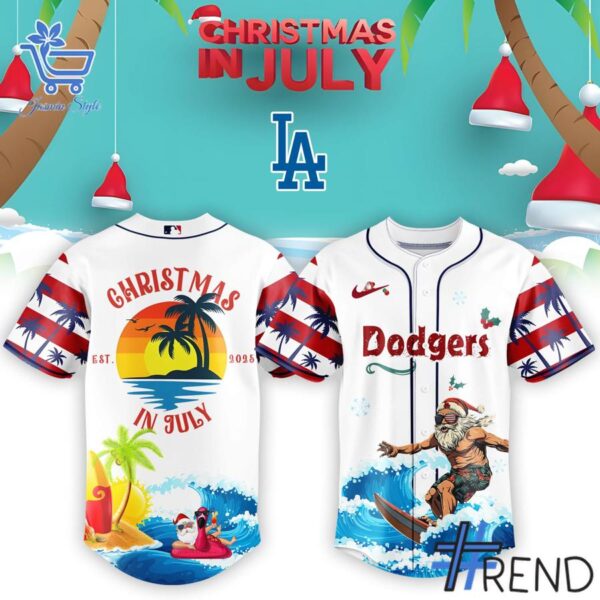 Detailed fabric and stitching showing 1 Los Angeles Dodgers Christmas July Santa 2025 Jersey