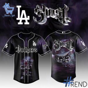 Detailed view of the 1 Los Angeles Dodgers GHOST Skeletour World Tour Jersey print on fabric