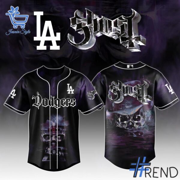 Detailed view of the 1 Los Angeles Dodgers GHOST Skeletour World Tour Jersey print on fabric