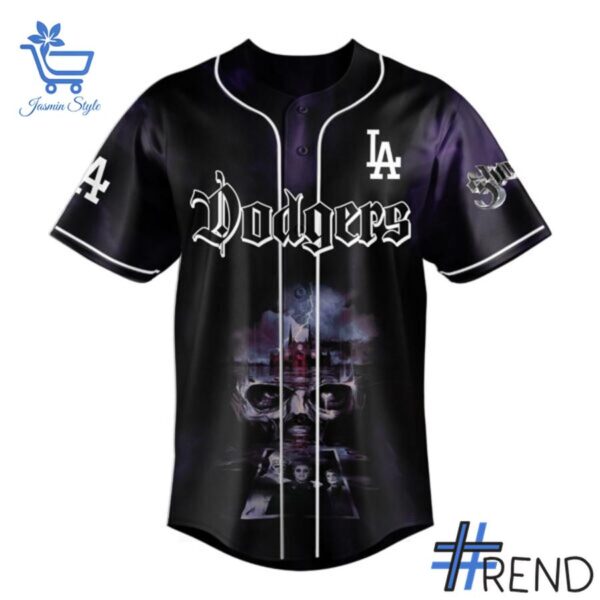 Detailed view of the 2 Los Angeles Dodgers GHOST Skeletour World Tour Jersey print on fabric