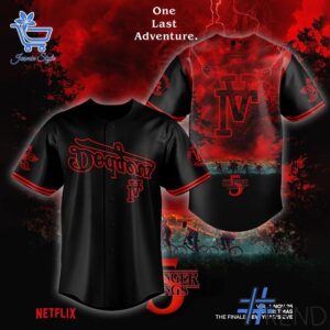 Detailed view of the 1 Los Angeles Dodgers Stranger Things 2025 Jersey print on fabric