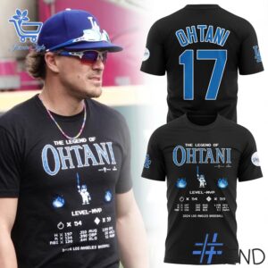 Close-up of the 1 Los Angeles Dodgers The Legend of Ohtani Level MVP T shirt showing detailed design and vibrant colors.