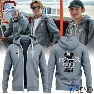 Detailed fabric and stitching showing 1 Los Angeles Dodgers Tokyo Series Zip Hoodie