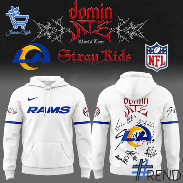 Custom apparel with the bold Los Angeles Rams ATE Show Stray Kids Signature Hoodie design