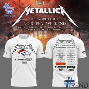 Close-up view of the M World Tour Denver Broncos Shirt print