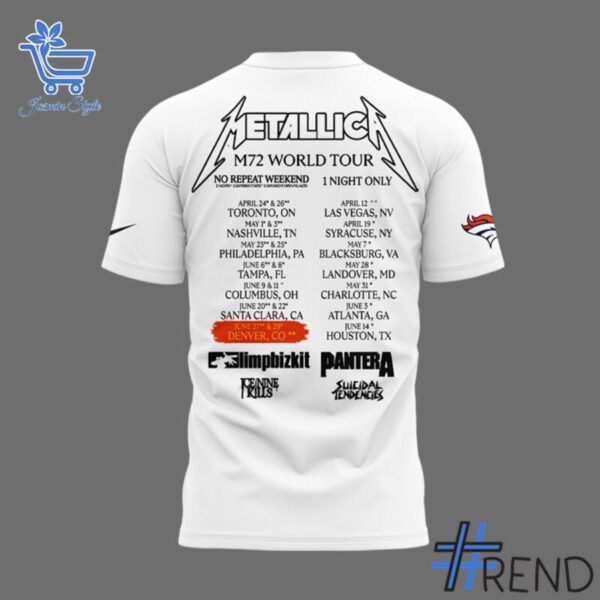 Close-up view of the M World Tour Denver Broncos Shirt print