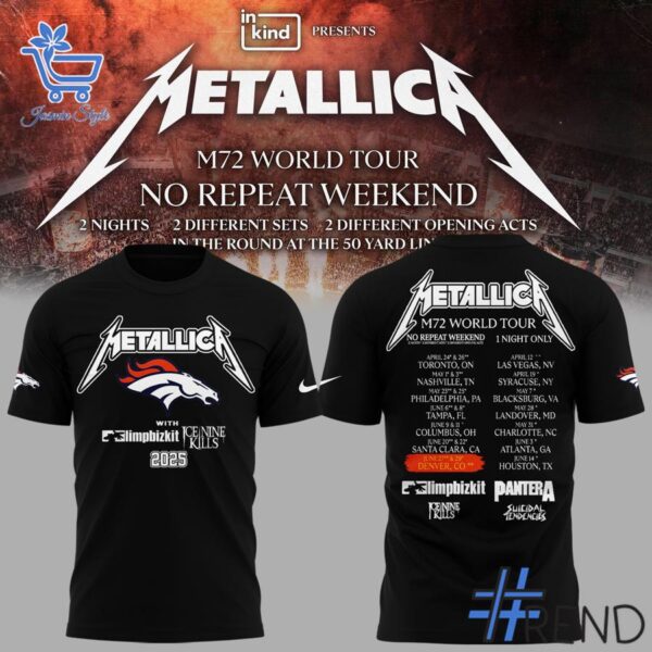 Close-up view of the M World Tour Denver Broncos Shirt print
