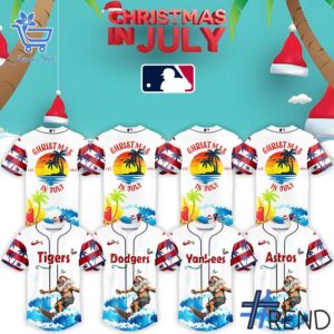 Close-up of the 1 MLB x Christmas July Santa 2025 Baseball Jersey showing detailed design and vibrant colors.