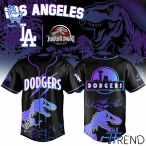 Detailed view of the 3 MLB x Jurassic World Baseball Jersey print on fabric