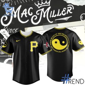 Close-up of the 1 Mac Miller Pittsburgh Pirates Baseball Jersey showing detailed design and vibrant colors.