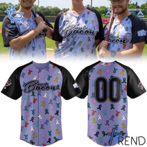 Detailed view of the 1 Macon Bacon Strike Out Cancer Jerseys print on fabric
