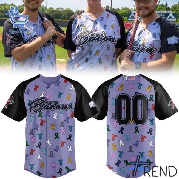 Detailed view of the 1 Macon Bacon Strike Out Cancer Jerseys print on fabric