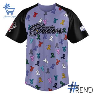 Detailed view of the 2 Macon Bacon Strike Out Cancer Jerseys print on fabric