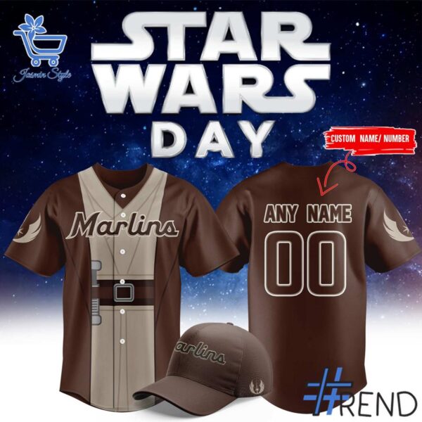 Detailed view of the 1 Miami Marlins 2025 Star Wars Night Jersey print on fabric