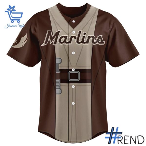 Detailed view of the 2 Miami Marlins 2025 Star Wars Night Jersey print on fabric