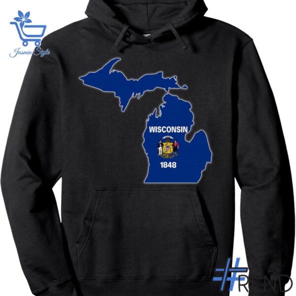 Trendy Michigan Wisconsin Map Hoodie featuring bold graphics and modern style