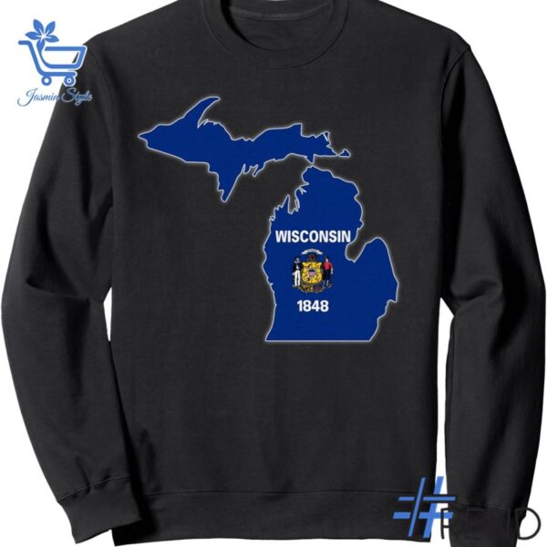 Trendy Michigan Wisconsin Map Hoodie featuring bold graphics and modern style