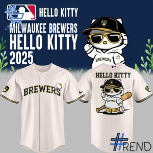 Custom look featuring the signature Milwaukee Brewers Hello Kitty Night Jersey design
