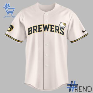 Custom look featuring the signature Milwaukee Brewers Hello Kitty Night Jersey design