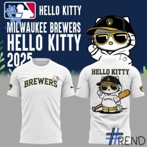 Street-style look featuring the unique Milwaukee Brewers Hello Kitty Night Shirt artwork