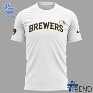 Street-style look featuring the unique Milwaukee Brewers Hello Kitty Night Shirt artwork