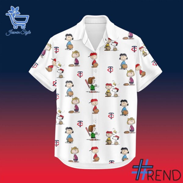 Detailed fabric and stitching showing 2 Minnesota Twins 2025 Peanuts NIght Hawaiian Shirt