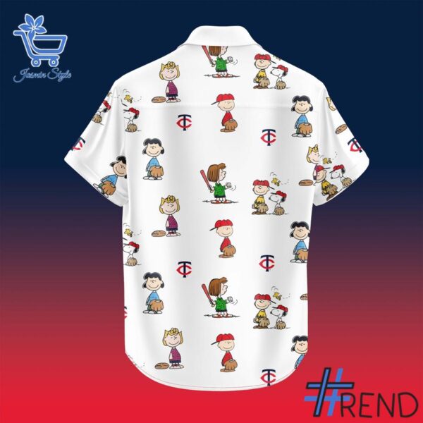 Detailed fabric and stitching showing 3 Minnesota Twins 2025 Peanuts NIght Hawaiian Shirt