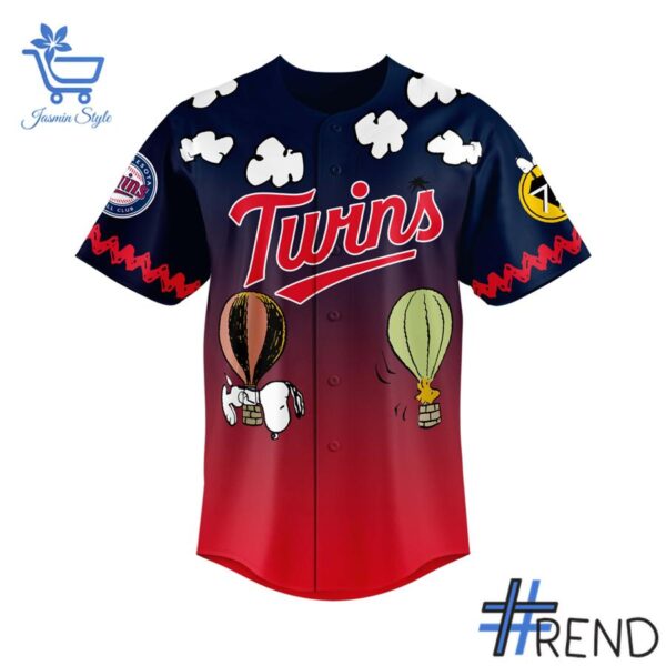 Detailed view of the 2 Minnesota Twins 2025 Peanuts Night Jersey print on fabric