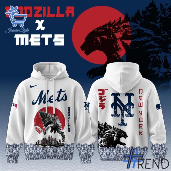 Close-up view of the New York Mets Godzilla Japan Hoodie print