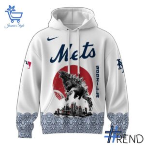 Close-up view of the New York Mets Godzilla Japan Hoodie print