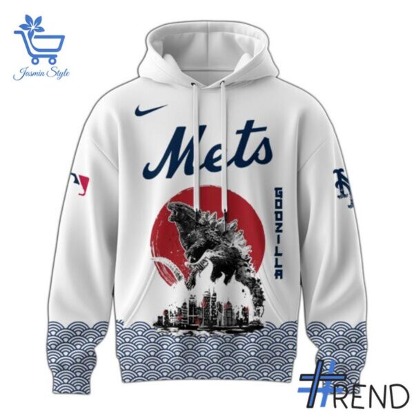 Close-up view of the New York Mets Godzilla Japan Hoodie print