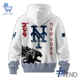 Close-up view of the New York Mets Godzilla Japan Hoodie print