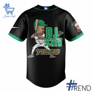 Custom look featuring the signature Norfolk Tides DJ Screw Baseball Jersey design
