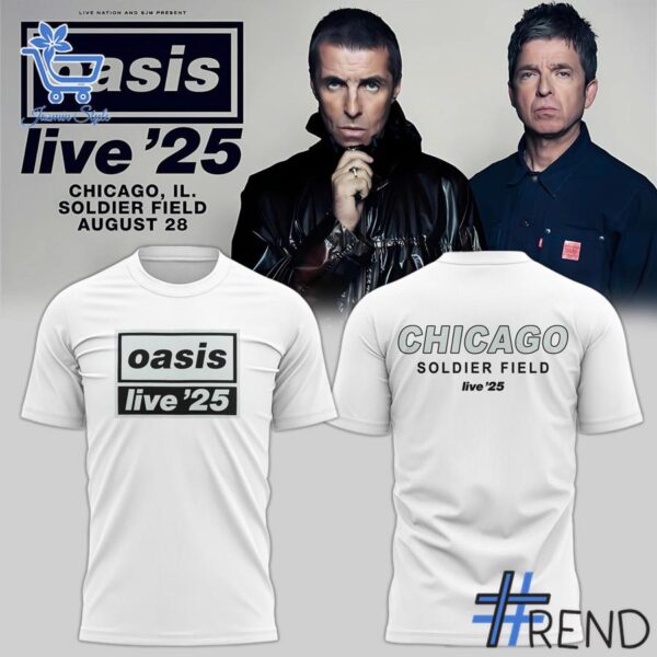 Close-up of the 2 Oasis Live '25 Tour Soldier Field Shirt showing detailed design and vibrant colors.