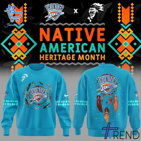 Close-up of the 1 Oklahoma City Thunder Native American Heritage Month Sweatshirt showing detailed design and vibrant colors.