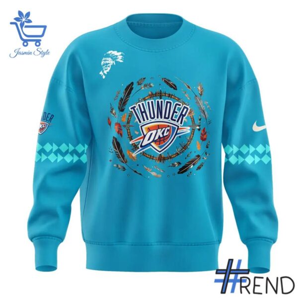 Close-up of the 2 Oklahoma City Thunder Native American Heritage Month Sweatshirt showing detailed design and vibrant colors.
