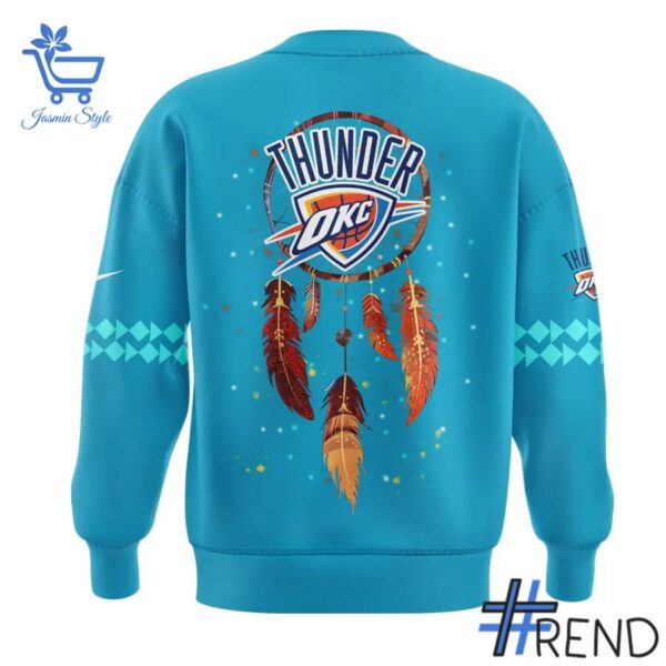 Close-up of the 3 Oklahoma City Thunder Native American Heritage Month Sweatshirt showing detailed design and vibrant colors.