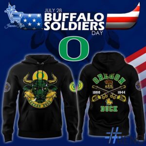 Level up your everyday style with 1 Oregon Football 2025 Buffalo Soldier Day Hoodie.