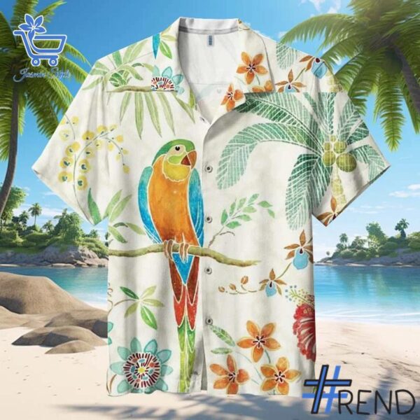 Parrot Tropical Hawaiian Shirt design displayed on high-quality clothing fabric