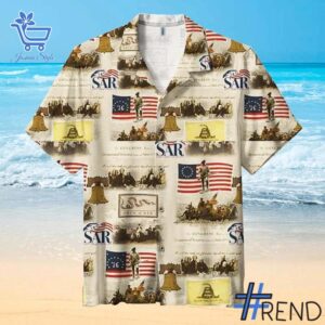 Patriot Collection Sons of the American Revolution Hawaiian Shirt design displayed on high-quality clothing fabric