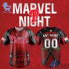 Close-up of the 1 Philadelphia Phillies 2025 Marvel Superhero Night Deadpool Jersey showing detailed design and vibrant colors.