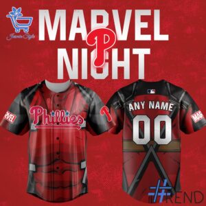 Close-up of the 1 Philadelphia Phillies 2025 Marvel Superhero Night Deadpool Jersey showing detailed design and vibrant colors.
