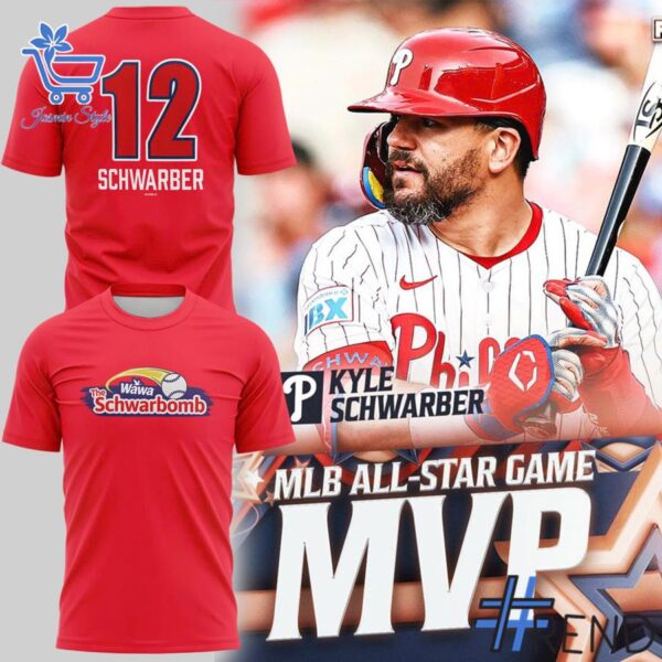 Close-up of the 1 Philadelphia Phillies Kyle Schwarber Schwarbomb T Shirt showing detailed design and vibrant colors.