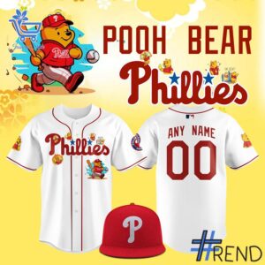 Detailed view of the 1 Philadelphia Phillies Pooh Bear Baseball Jersey print on fabric