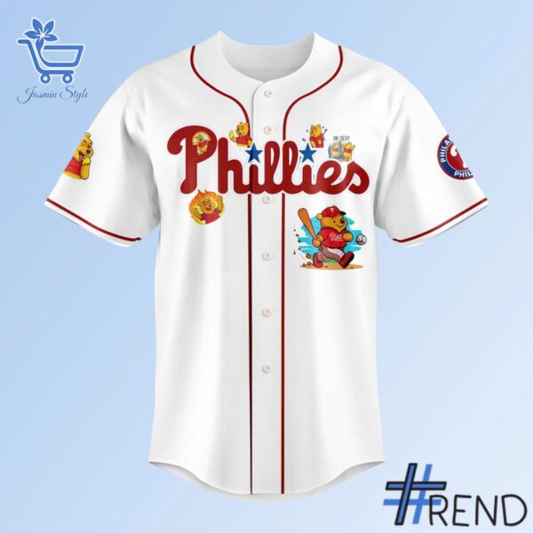 Detailed view of the 2 Philadelphia Phillies Pooh Bear Baseball Jersey print on fabric