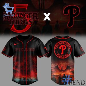 Detailed view of the 1 Philadelphia Phillies Stranger Things 2025 Jersey print on fabric