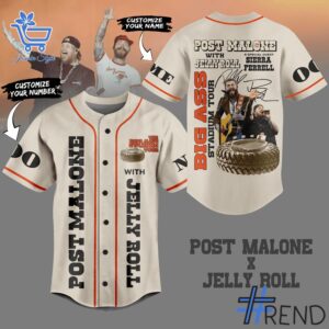 Limited-edition apparel with custom Post Malone Jelly Roll Big Ass Stadium Tour Baseball Jersey print