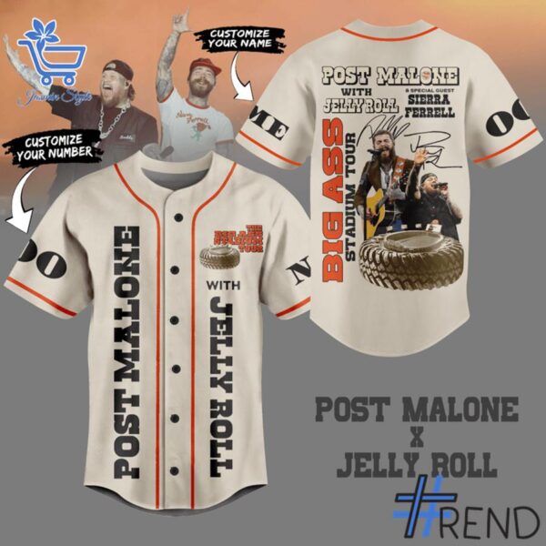 Limited-edition apparel with custom Post Malone Jelly Roll Big Ass Stadium Tour Baseball Jersey print